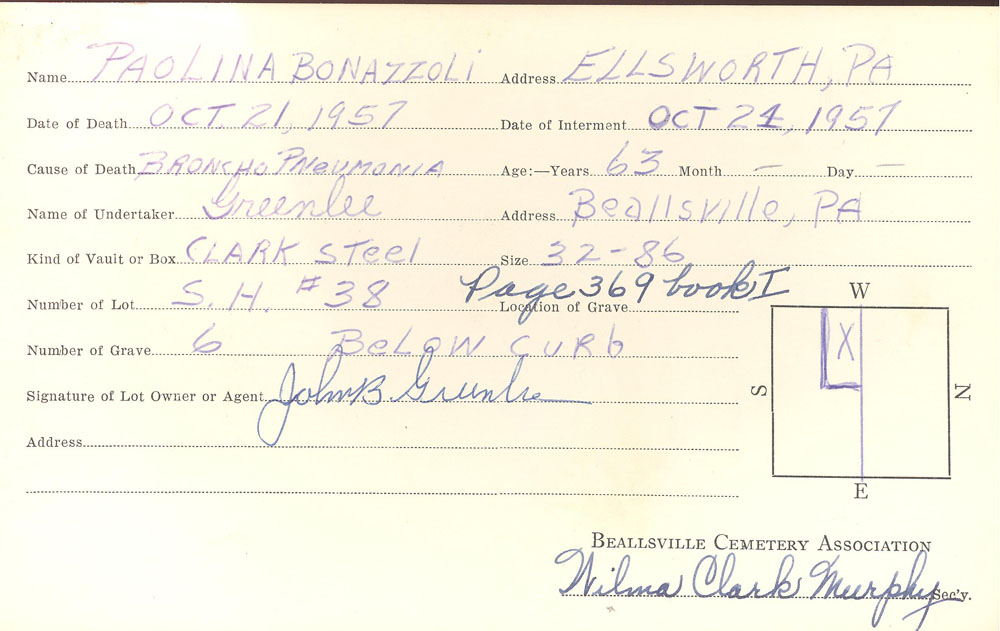 Paolina Bonazzoli burial card